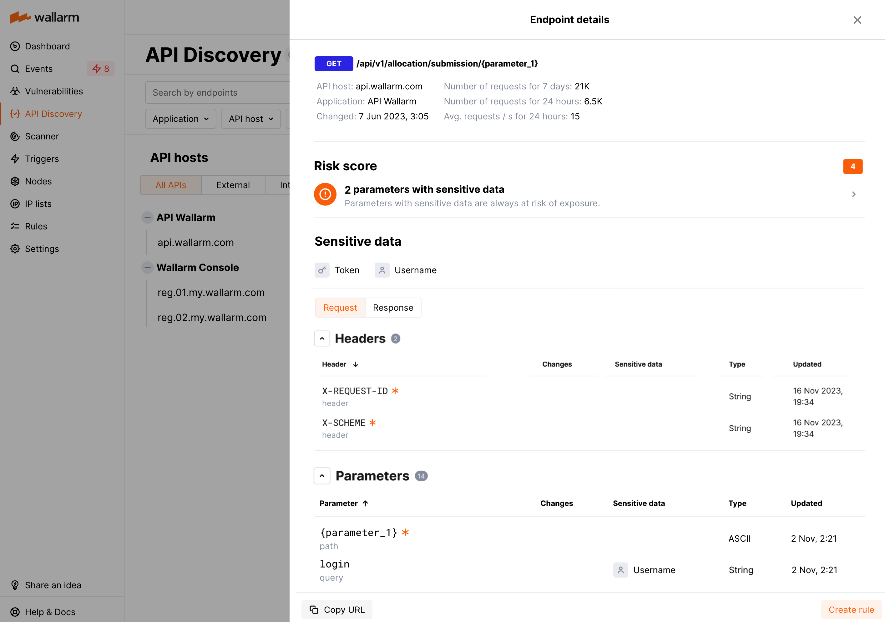 Request parameters discovered by API Discovery