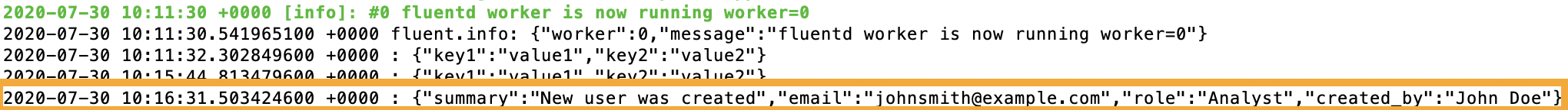 Log about new user in Splunk from Fluentd